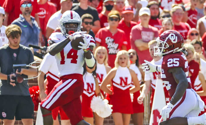 Rahmir Johnson catch Nebraska Oklahoma 2021 USATSI_16776881 cropped